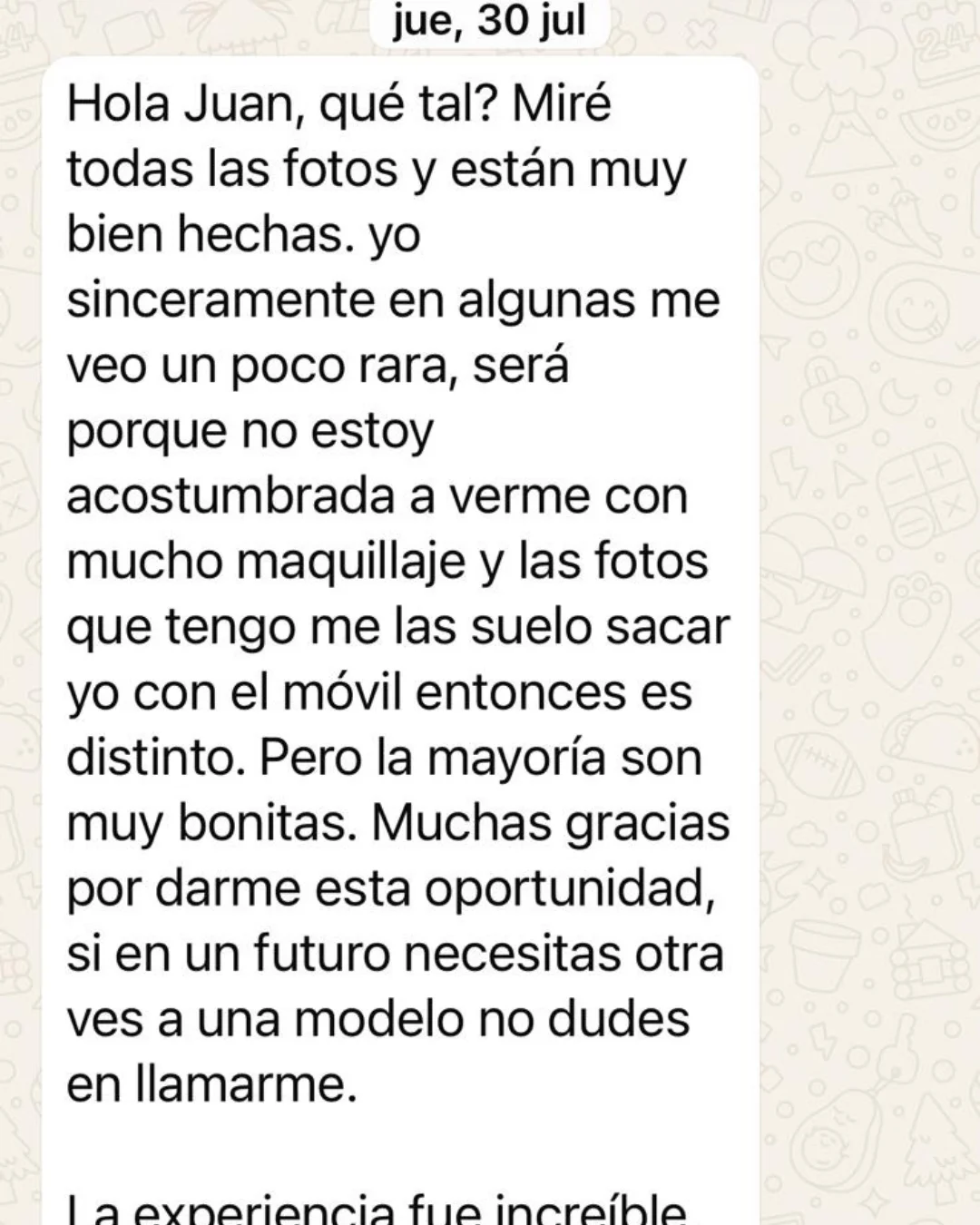 Mensaje de una clienta de J.I.M. compartiendo su experiencia tras la sesión de fotografía