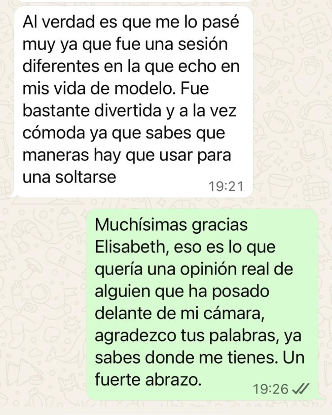 Mensaje de una clienta de J.I.M. compartiendo su experiencia tras la sesión de fotografía