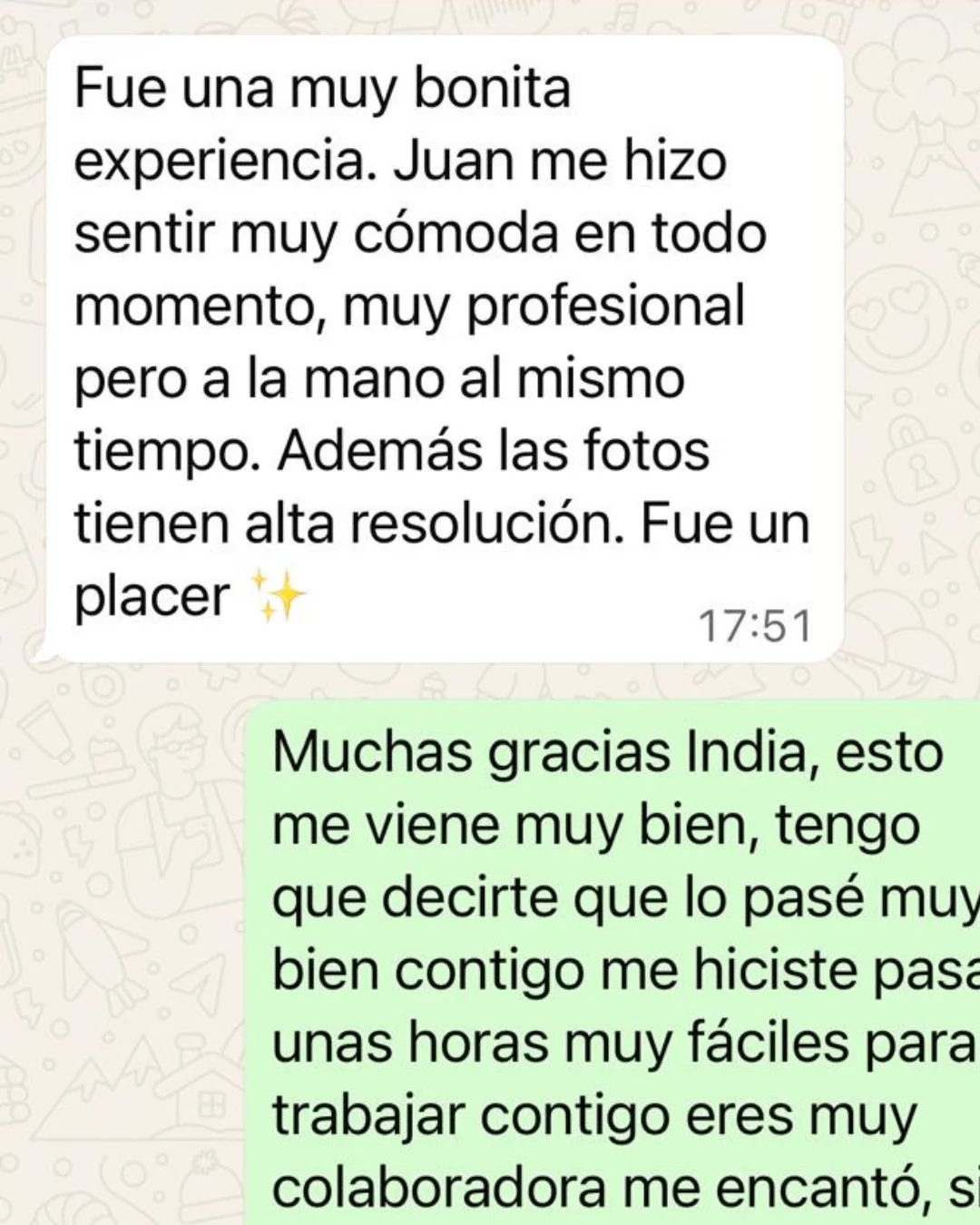 Mensaje de una clienta de J.I.M. compartiendo su experiencia tras la sesión de fotografía
