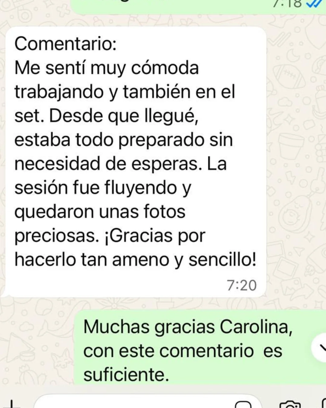 Mensaje de una clienta de J.I.M. compartiendo su experiencia tras la sesión de fotografía